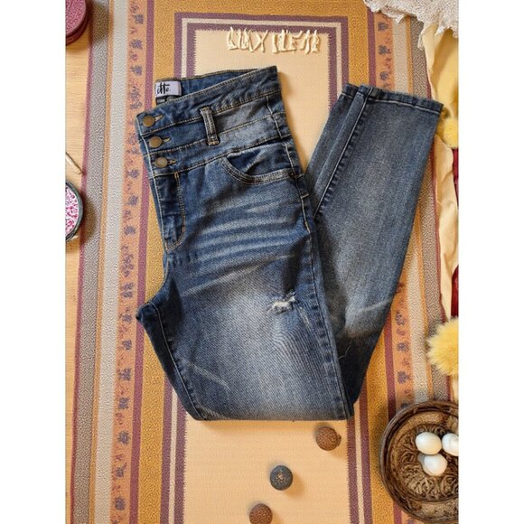 Vylette High Rise Skinny Jeans Distressed Denim Triple Button Waist Size 7 /28W - Picture 1 of 11
